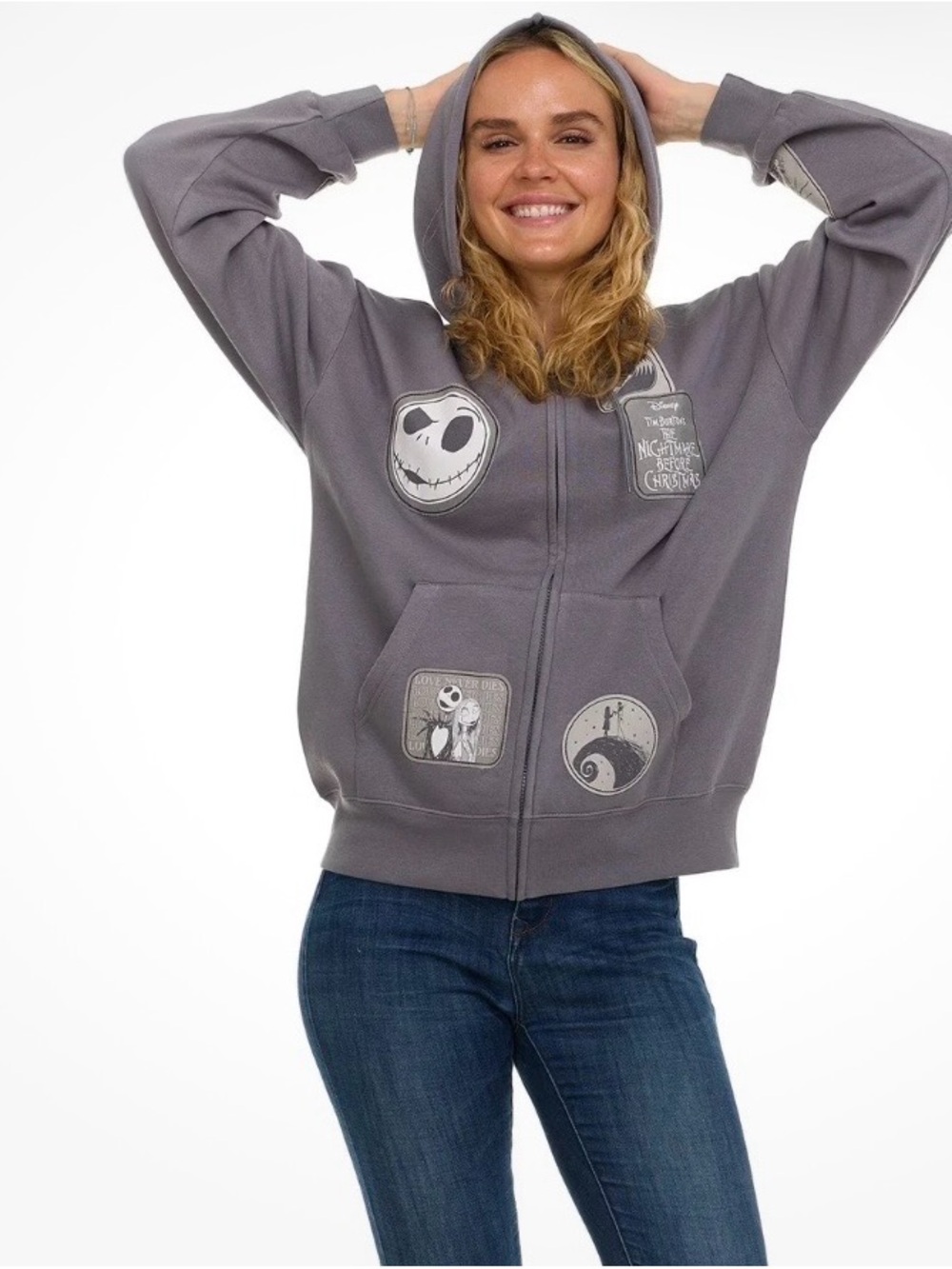 Disney Nightmare Before Christmas Purple-Gray Zip Hoodie with Patch Art - Picture 2 of 5